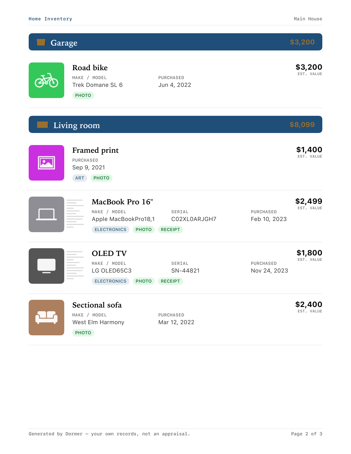 A Dormer home-inventory PDF detail page — room-by-room items with photos, values and coverage-class tags