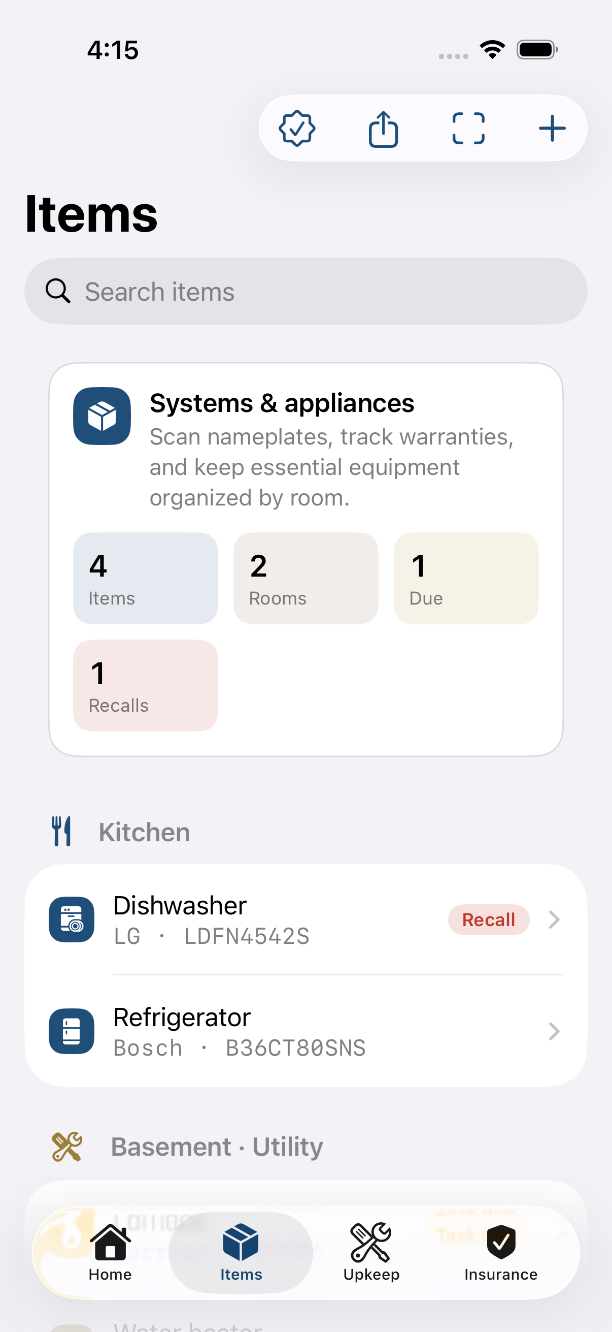 Dormer's Items tab — home systems and appliances grouped by room