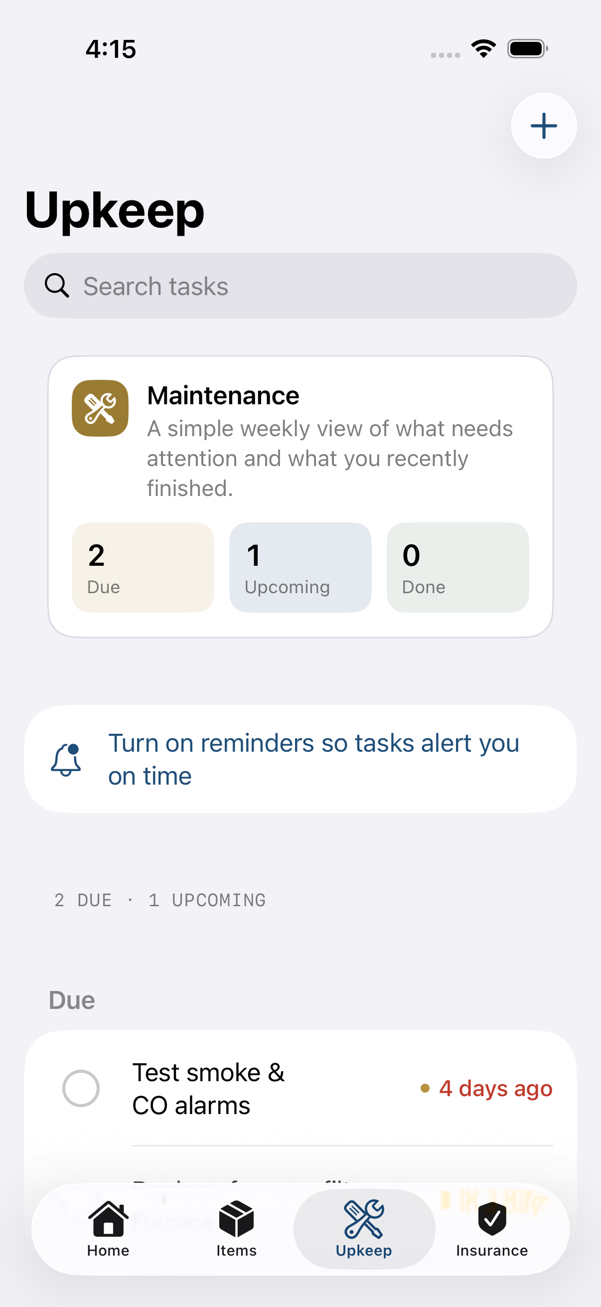 Upkeep screen listing tasks that are due and upcoming